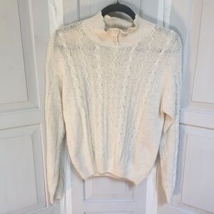 C.S.L. VIntage Cream Cable Knit Silk Blend Turtleneck Sweater